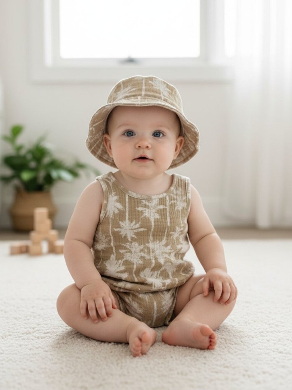 Bearpaw Gauze Palm Print Romper & Bucket Hat Set 3-6M
